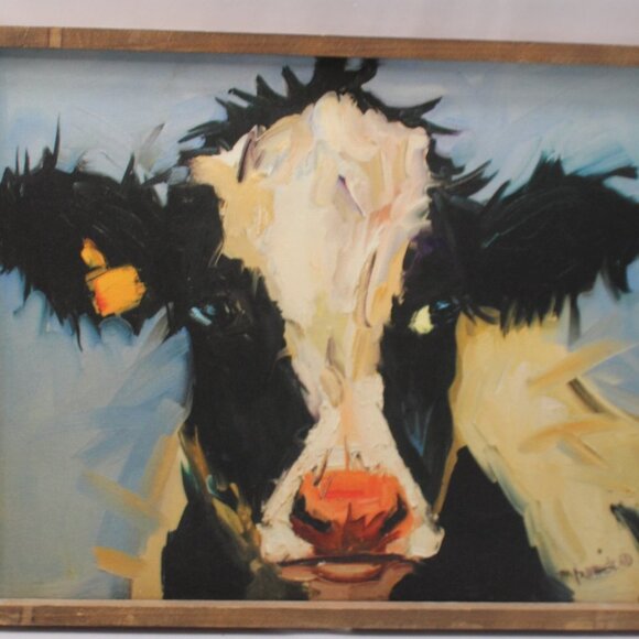 Painting Print of a Black and White Cow Portrait Signed - Picture 2 of 10